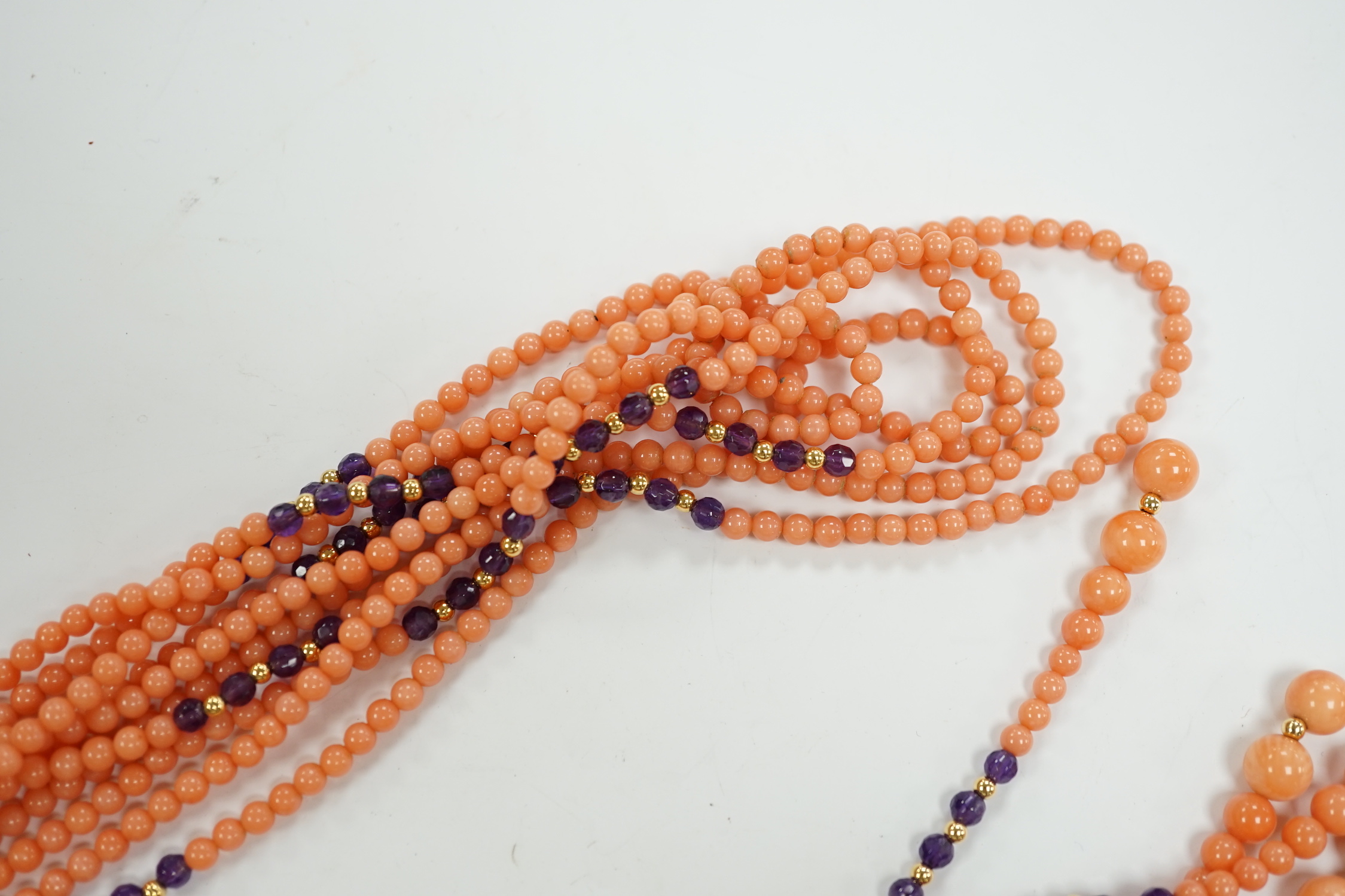 A recent coral, amethyst and yellow metal bead sautoire necklace, approx. 126cm.